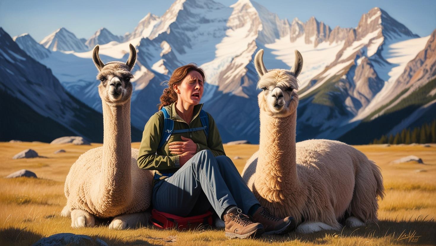 A woman at Machu Picchu holding her stomach in discomfort, experiencing stomach issues while traveling.